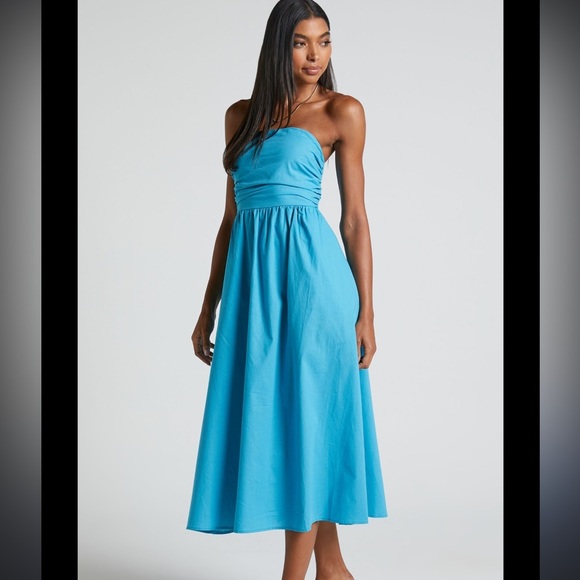 NWT Pink Diamond Isidora strapless gathered bust midi dress in blue US size 8 - Picture 1 of 6